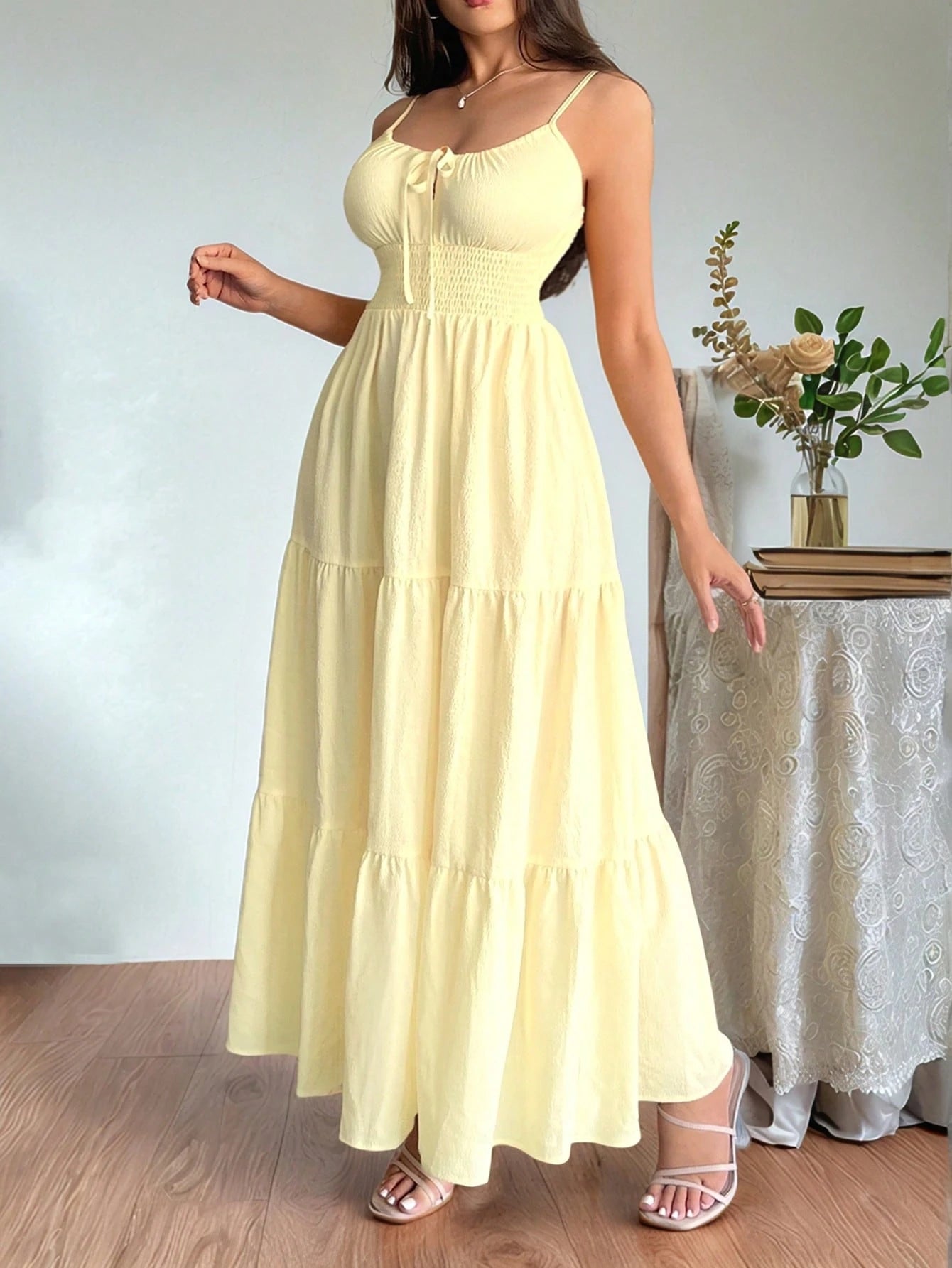 Firerie Women's Pale Yellow Summer Tie-Up Dress