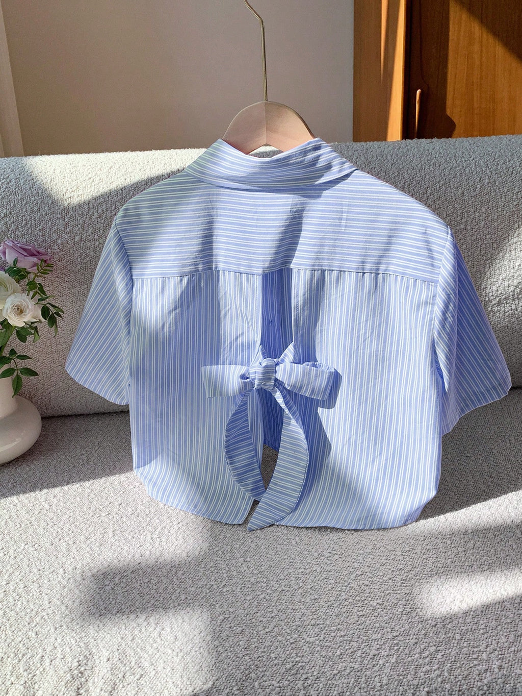 Comfortcana Striped Back Bowknot Casual Holiday Short Sleeve Shirt, Summer