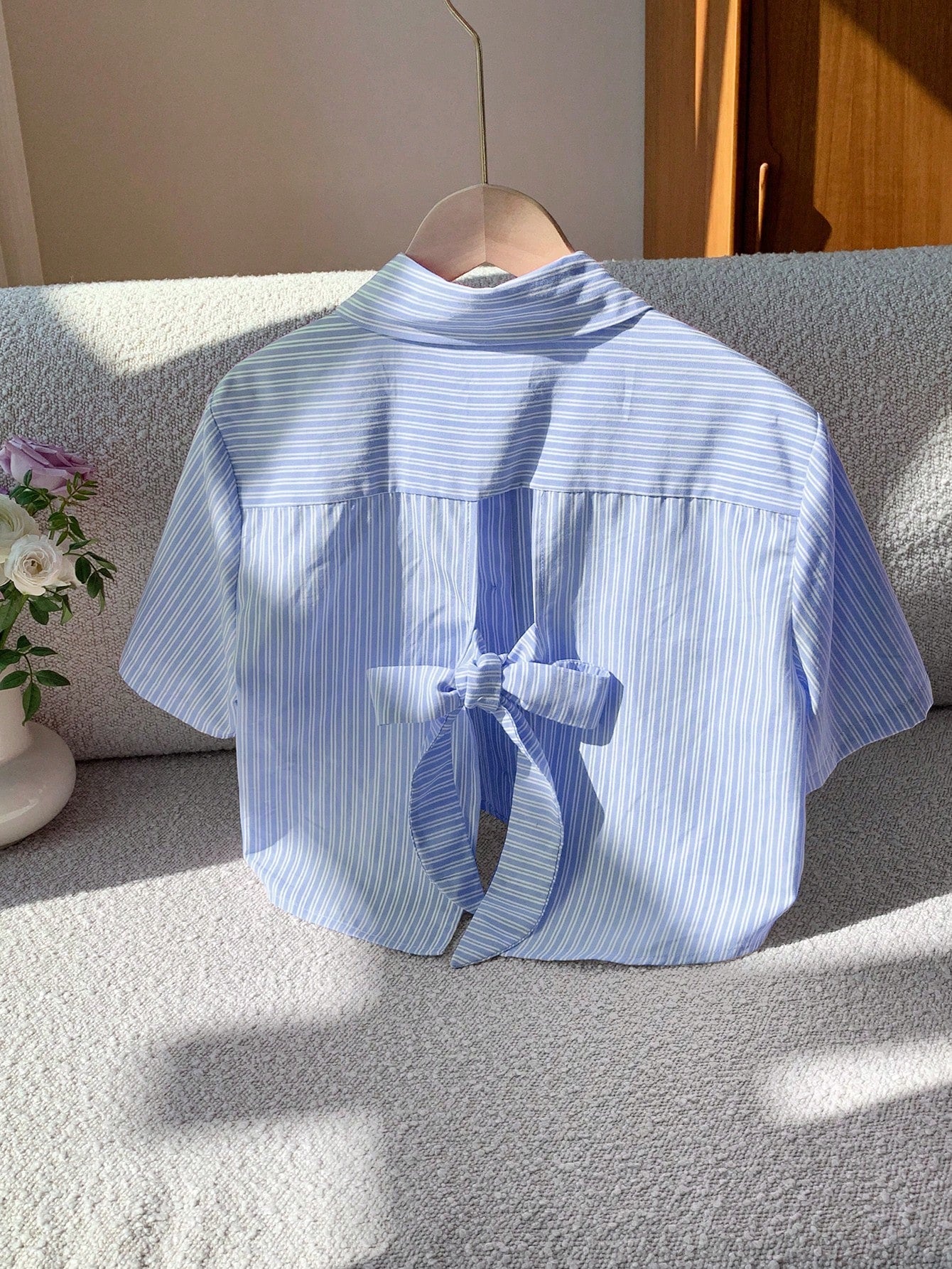 Comfortcana Striped Back Bowknot Casual Holiday Short Sleeve Shirt, Summer