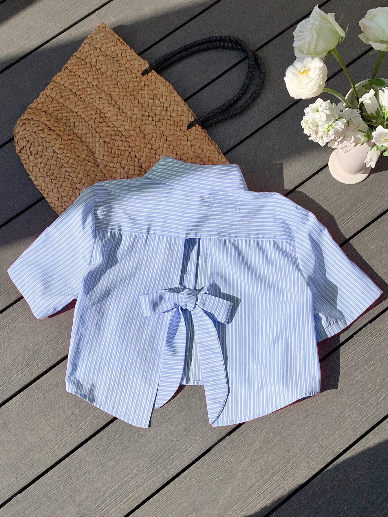 Comfortcana Striped Back Bowknot Casual Holiday Short Sleeve Shirt, Summer