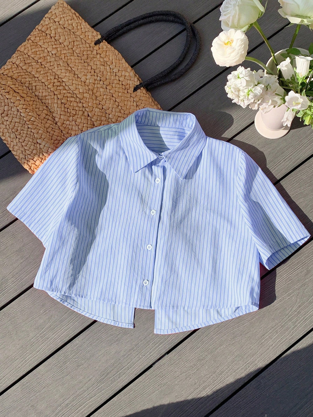 Comfortcana Striped Back Bowknot Casual Holiday Short Sleeve Shirt, Summer