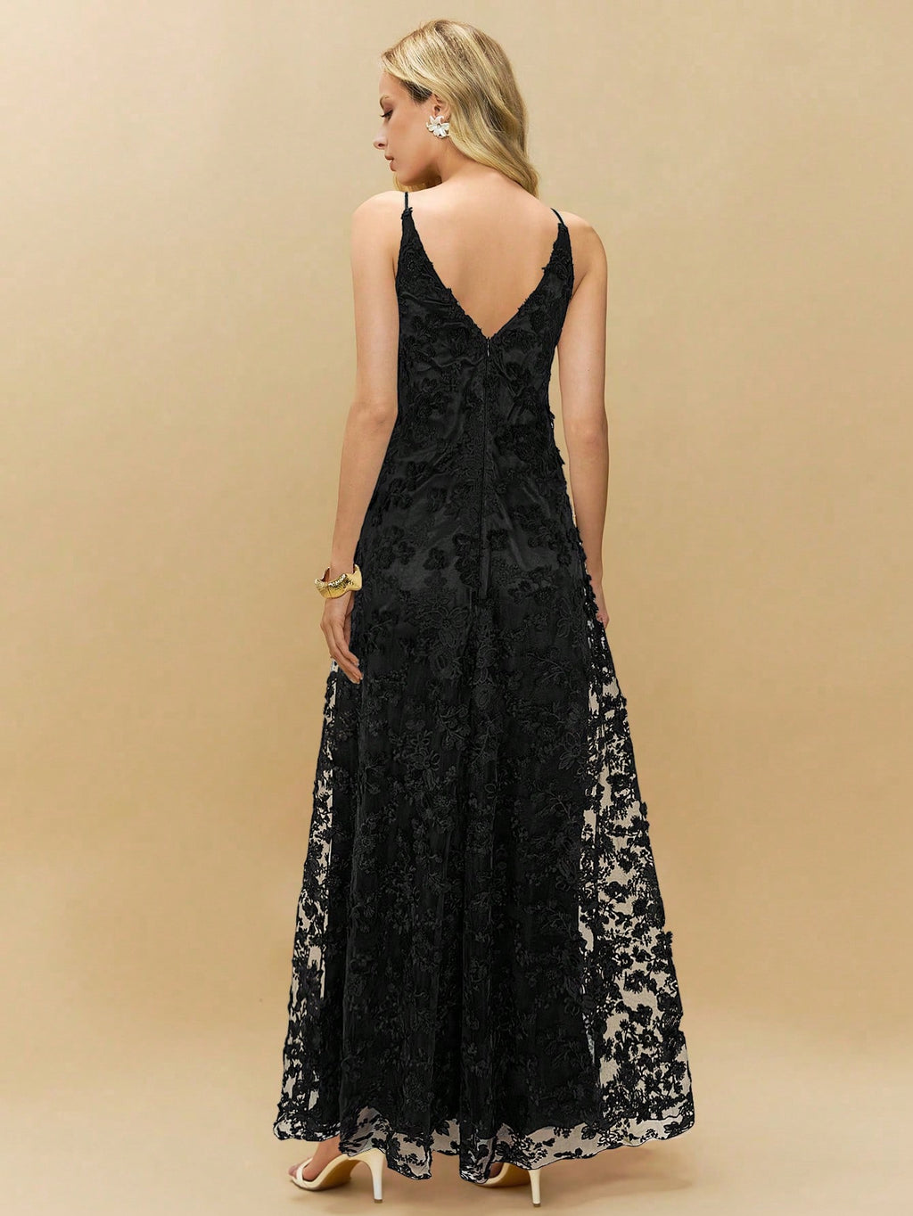 Poéselle 1pc Women Solid Color Jacquard Strap Dress