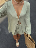 Siren Gaze 2pcs Women Solid Color Front Tie Long Sleeve Shirt + Knitted Shorts