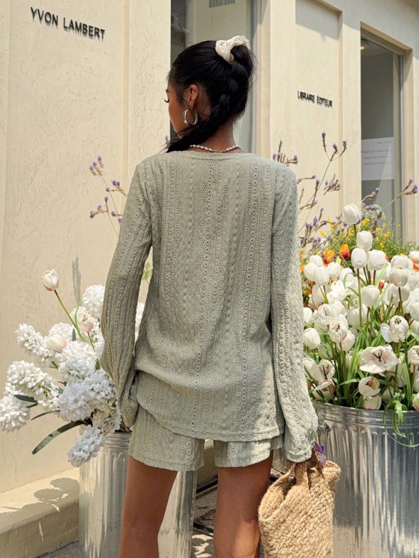 Siren Gaze 2pcs Women Solid Color Front Tie Long Sleeve Shirt + Knitted Shorts