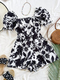 Soleia Women's Floral Print Puff Sleeve Square Neck Jumpsuit With Cinched Waist