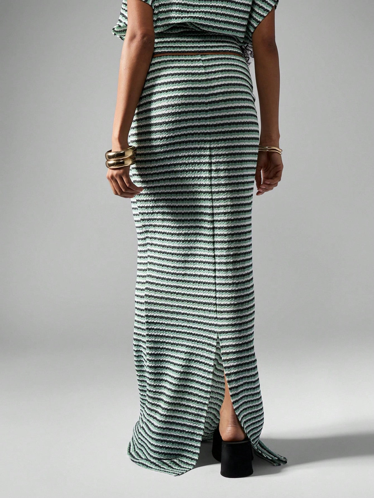 Striped Ribbed Knit Maxi Skirt Body Hugging Split Hem Christmas