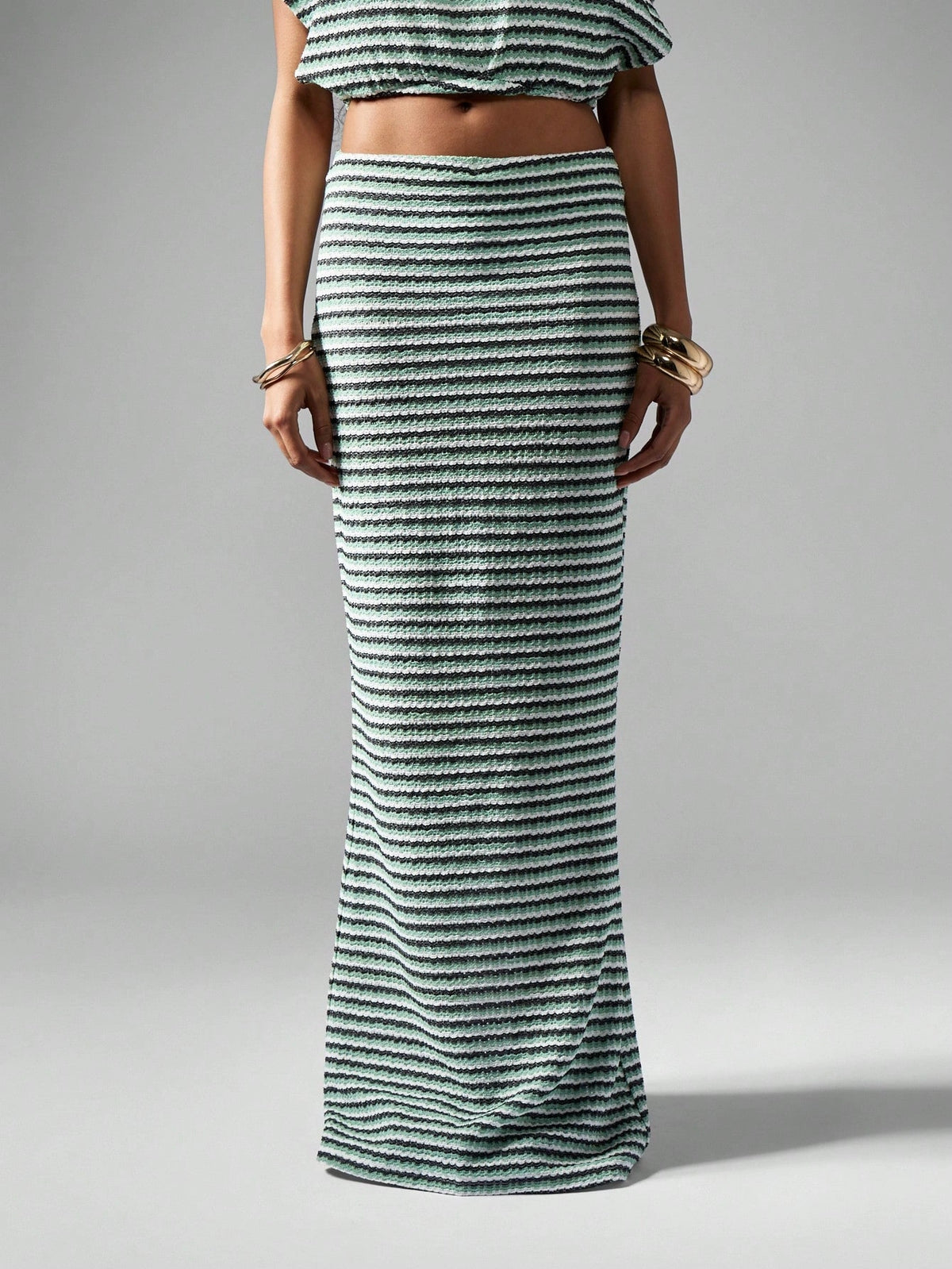 Striped Ribbed Knit Maxi Skirt Body Hugging Split Hem Christmas