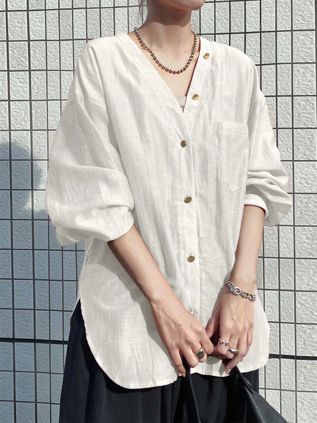 FRIFUL Women's Loose V-Neck Long Sleeve Sheer Casual Blouse
