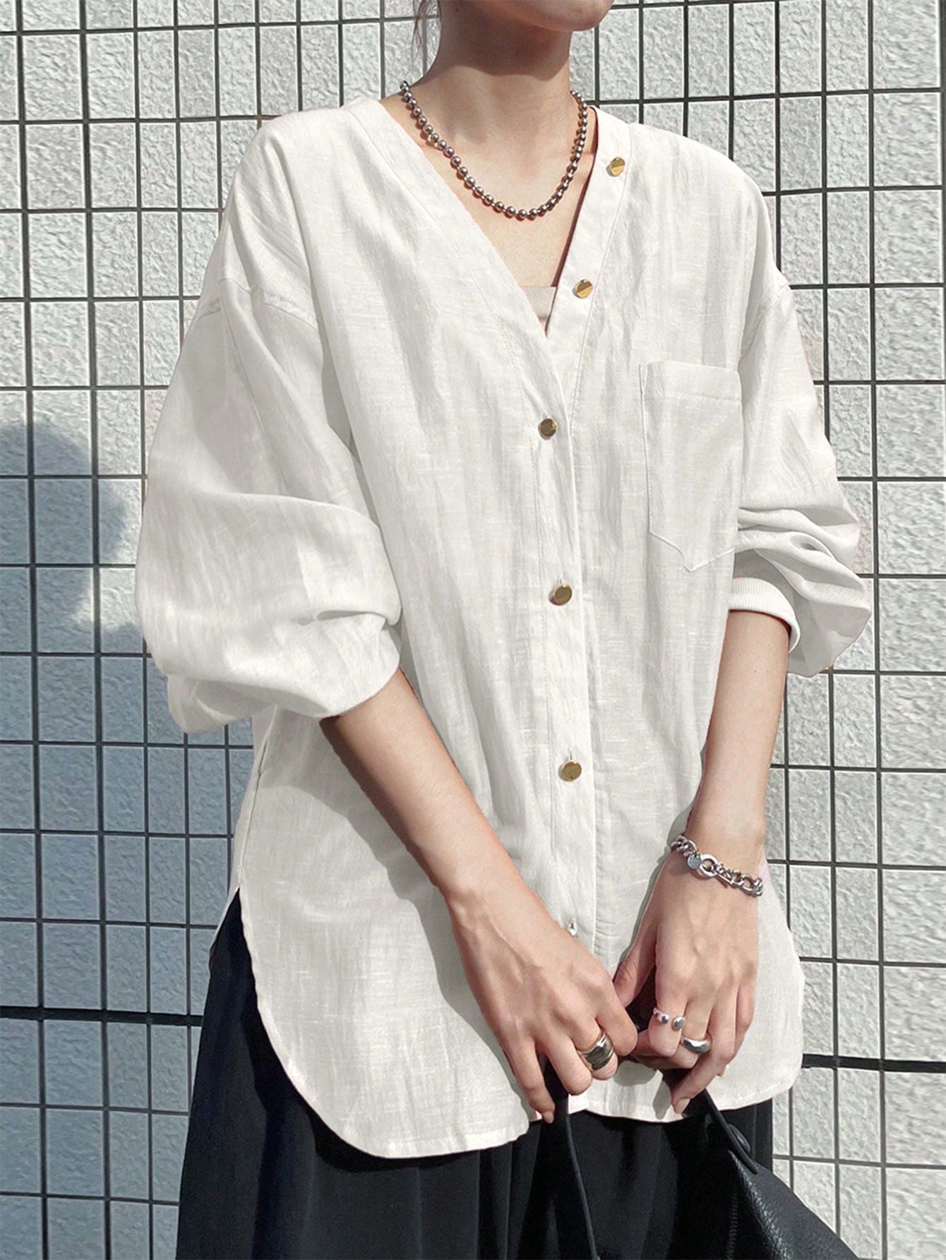 FRIFUL Women's Loose V-Neck Long Sleeve Sheer Casual Blouse