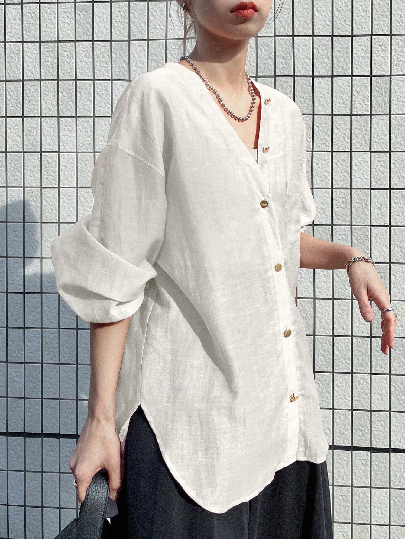 FRIFUL Women's Loose V-Neck Long Sleeve Sheer Casual Blouse