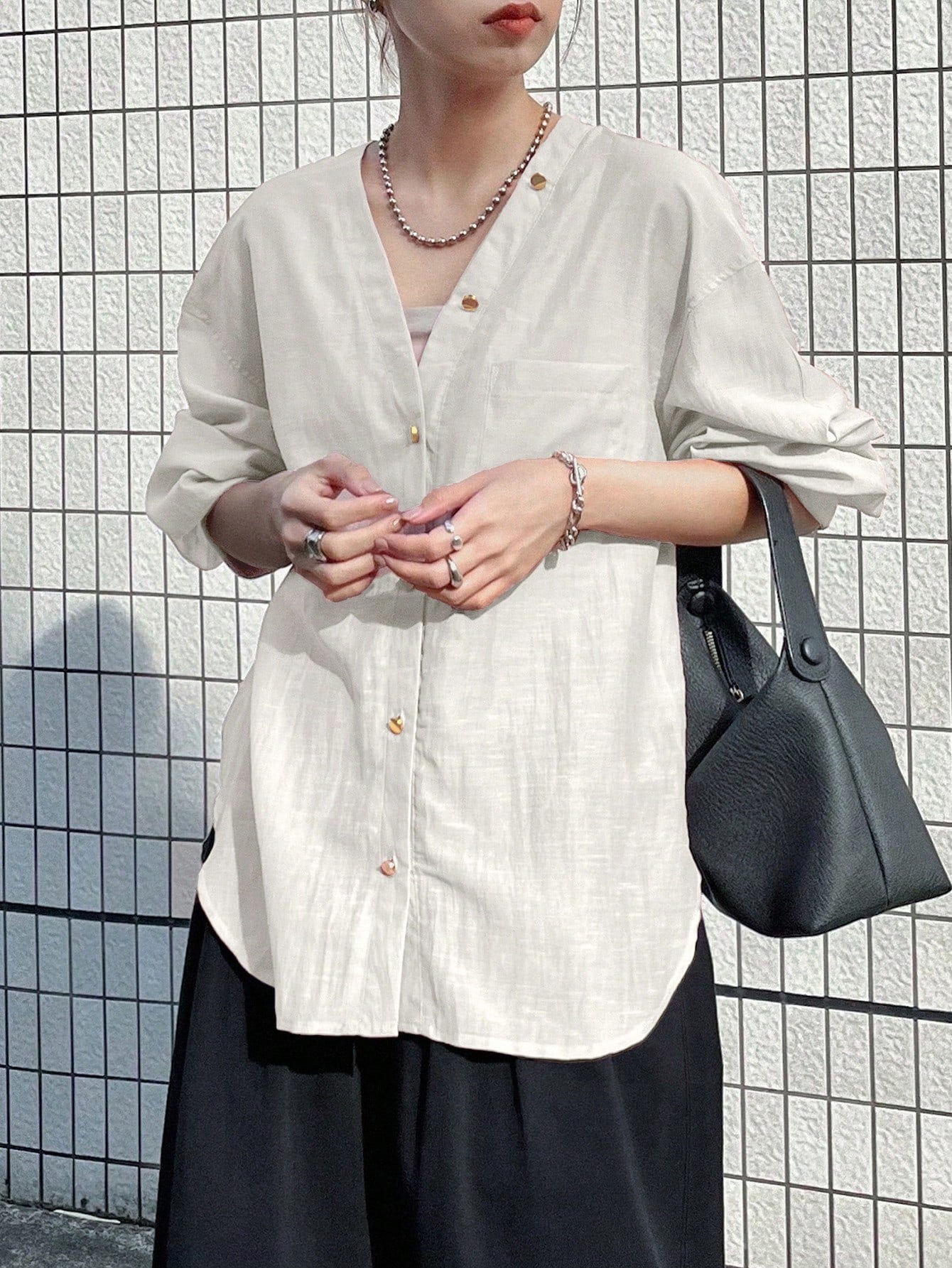 FRIFUL Women's Loose V-Neck Long Sleeve Sheer Casual Blouse