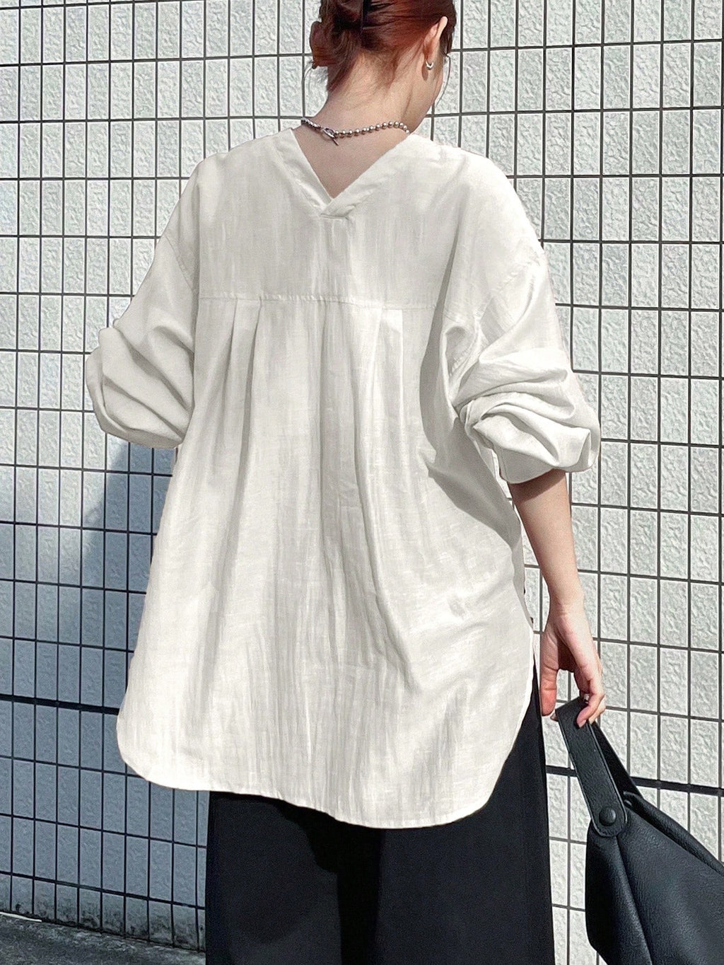 FRIFUL Women's Loose V-Neck Long Sleeve Sheer Casual Blouse