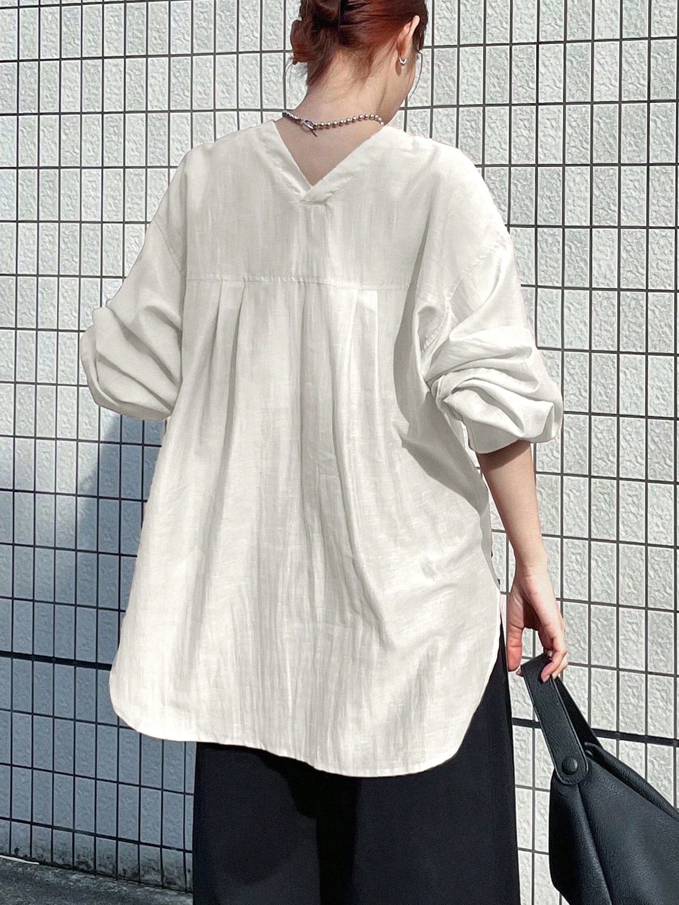 FRIFUL Women's Loose V-Neck Long Sleeve Sheer Casual Blouse