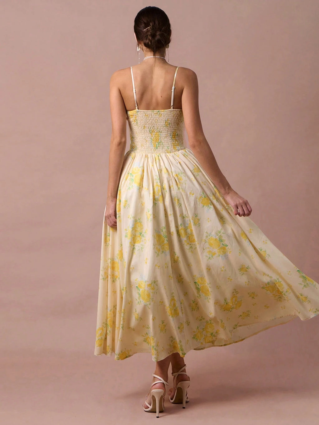 Enchnt Women's Pale Yellow Rose Print Spaghetti Strap Princess Maxi Dress
