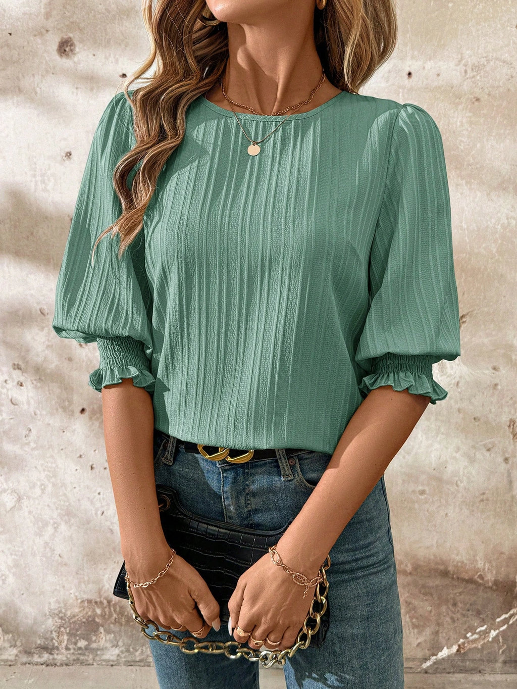 SHEIN Clasi Women Spring Round Neck Mid Sleeve Loose Vacation Blouse