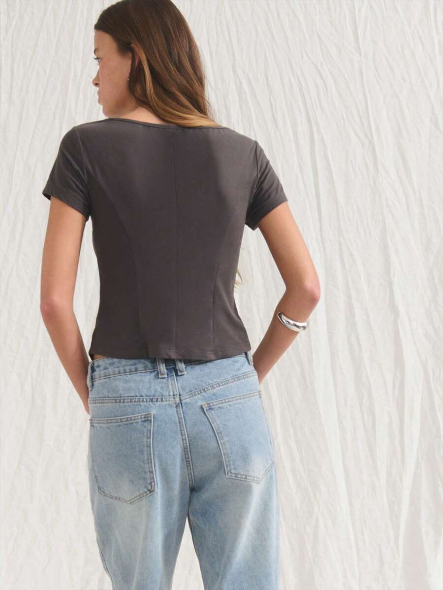 Women's Dark Grey Summer Chic Short-Sleeved Top,Highly Elastic Knitted Fabric