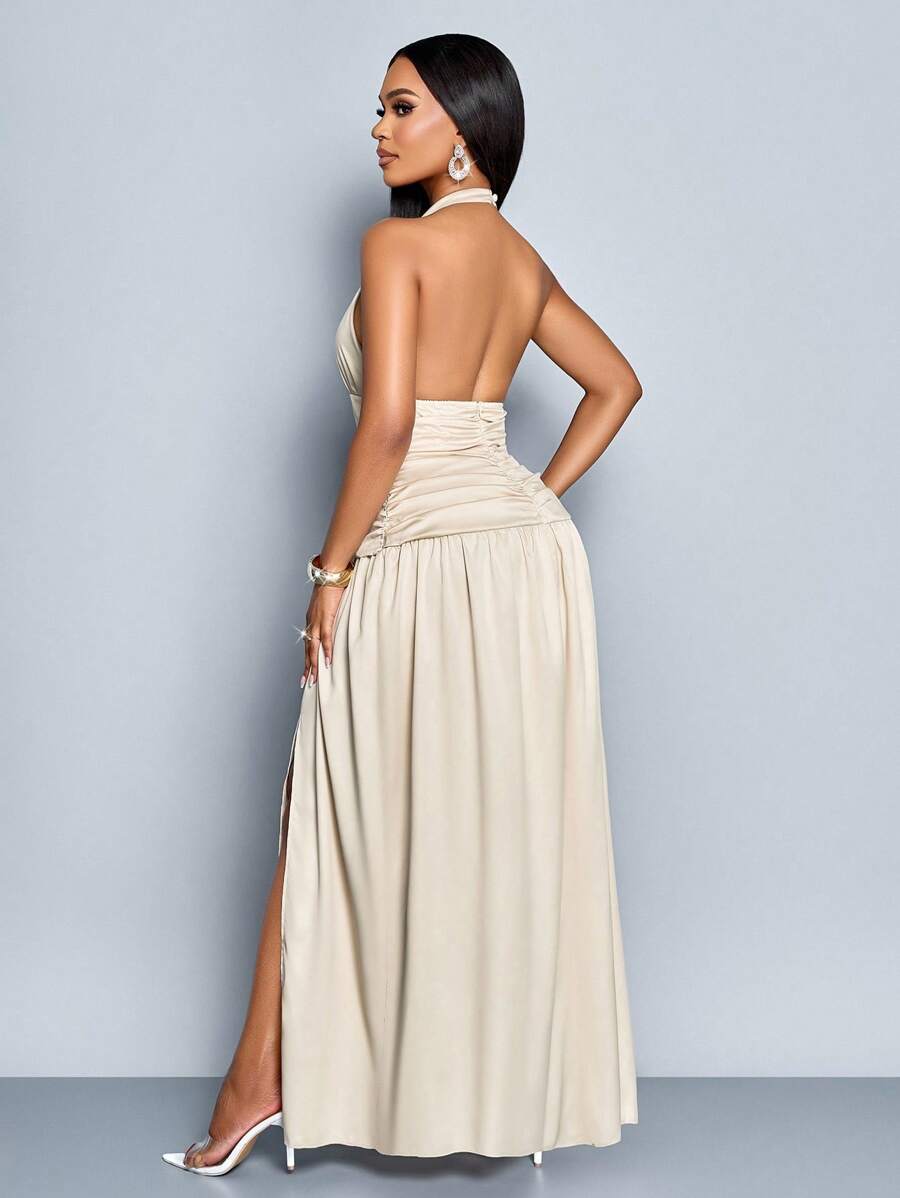 Elegant Minimalist Solid Color Halter Neck Sexy Ruched Backless High Slit Maxi Dress
