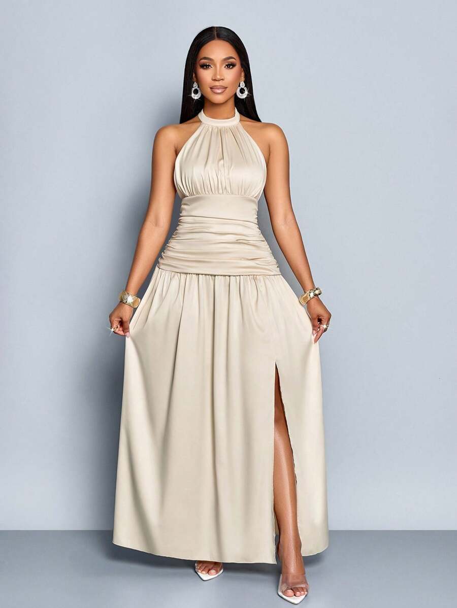 Elegant Minimalist Solid Color Halter Neck Sexy Ruched Backless High Slit Maxi Dress