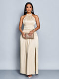 Elegant Minimalist Solid Color Halter Neck Sexy Ruched Backless High Slit Maxi Dress