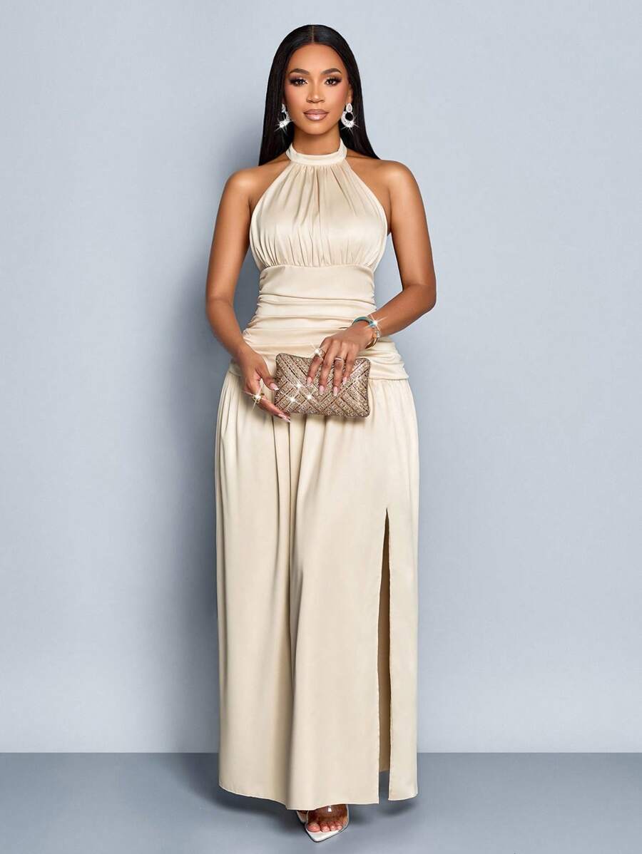 Elegant Minimalist Solid Color Halter Neck Sexy Ruched Backless High Slit Maxi Dress