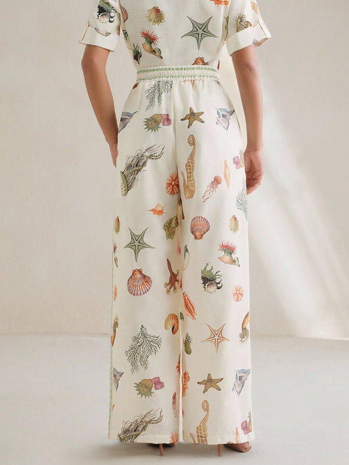 Anewsta Women's Casual Vacation Ocean Animal Printed Wide Leg Pants