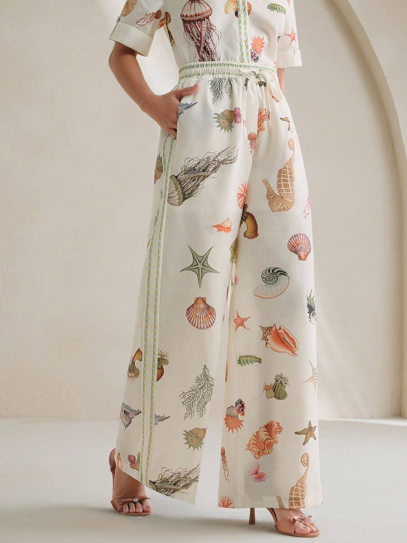 Anewsta Women's Casual Vacation Ocean Animal Printed Wide Leg Pants