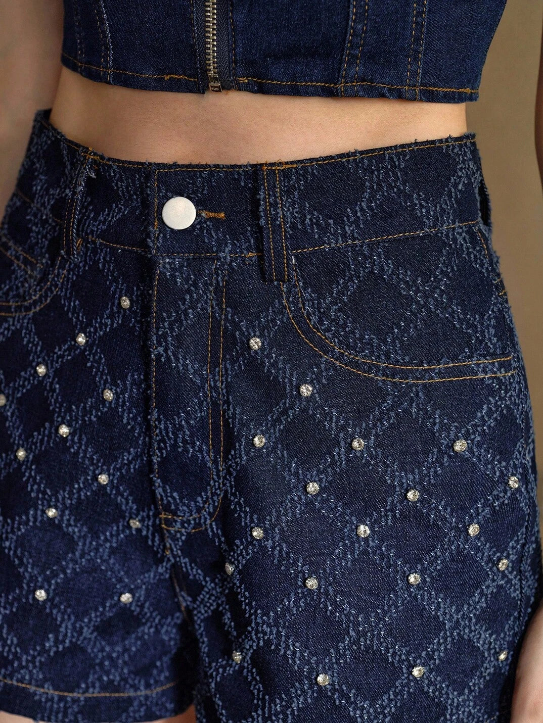 CASUAL TEXTURED JACQUARD DENIM LOOSE STRAIGHT LEG SHORTS