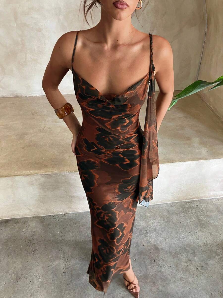 Women's Asymmetric High Slit One Shoulder Tie Chiffon Dress, Vacation Style, Spring/Summer