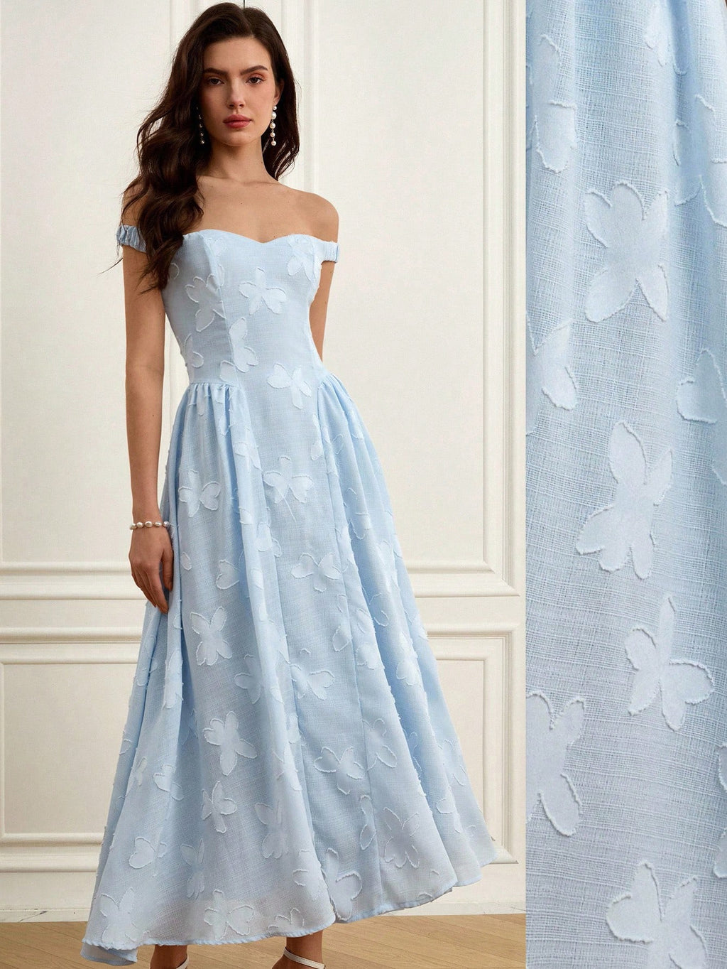 BELROSIE Light Blue Summer Elegant Wedding Off Shoulder Long Dress Design Intricate Laser Cut Fabric