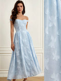 BELROSIE Light Blue Summer Elegant Wedding Off Shoulder Long Dress Design Intricate Laser Cut Fabric