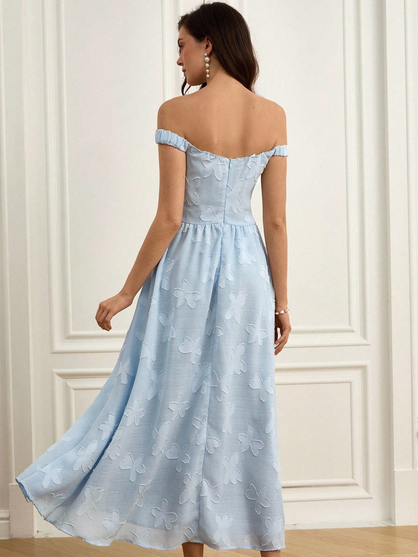 BELROSIE Light Blue Summer Elegant Wedding Off Shoulder Long Dress Design Intricate Laser Cut Fabric