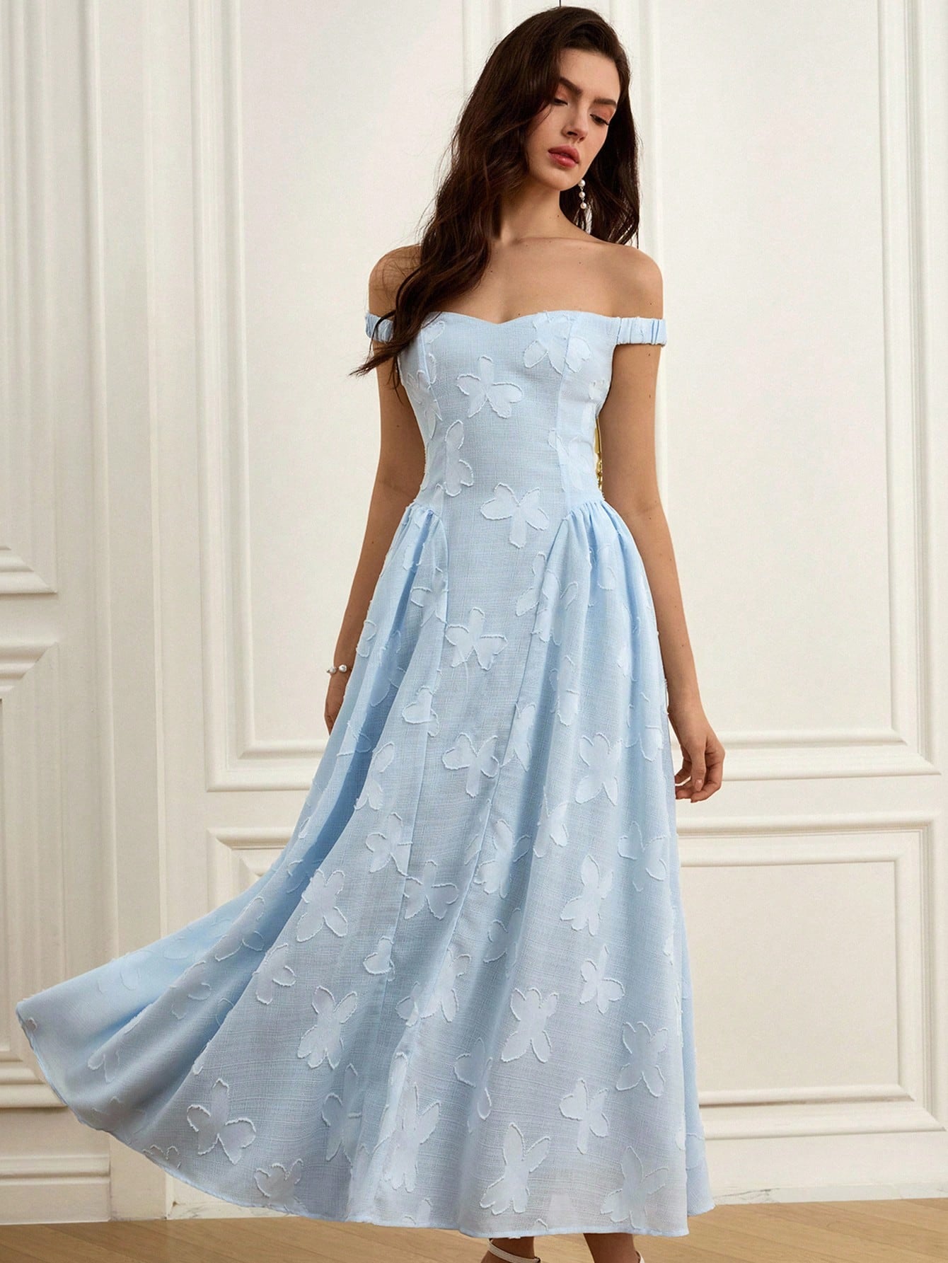 BELROSIE Light Blue Summer Elegant Wedding Off Shoulder Long Dress Design Intricate Laser Cut Fabric