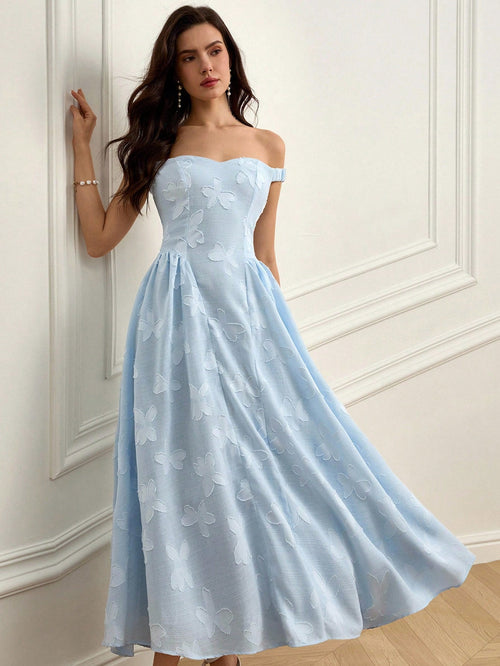 BELROSIE Light Blue Summer Elegant Wedding Off Shoulder Long Dress Design Intricate Laser Cut Fabric