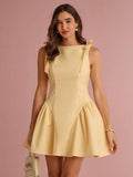 Summer/Fall Romantic Women's Butter Yellow Bowknot Decor Ruched Ruffled Hem Sleeveless Princess Cute Mini Dress