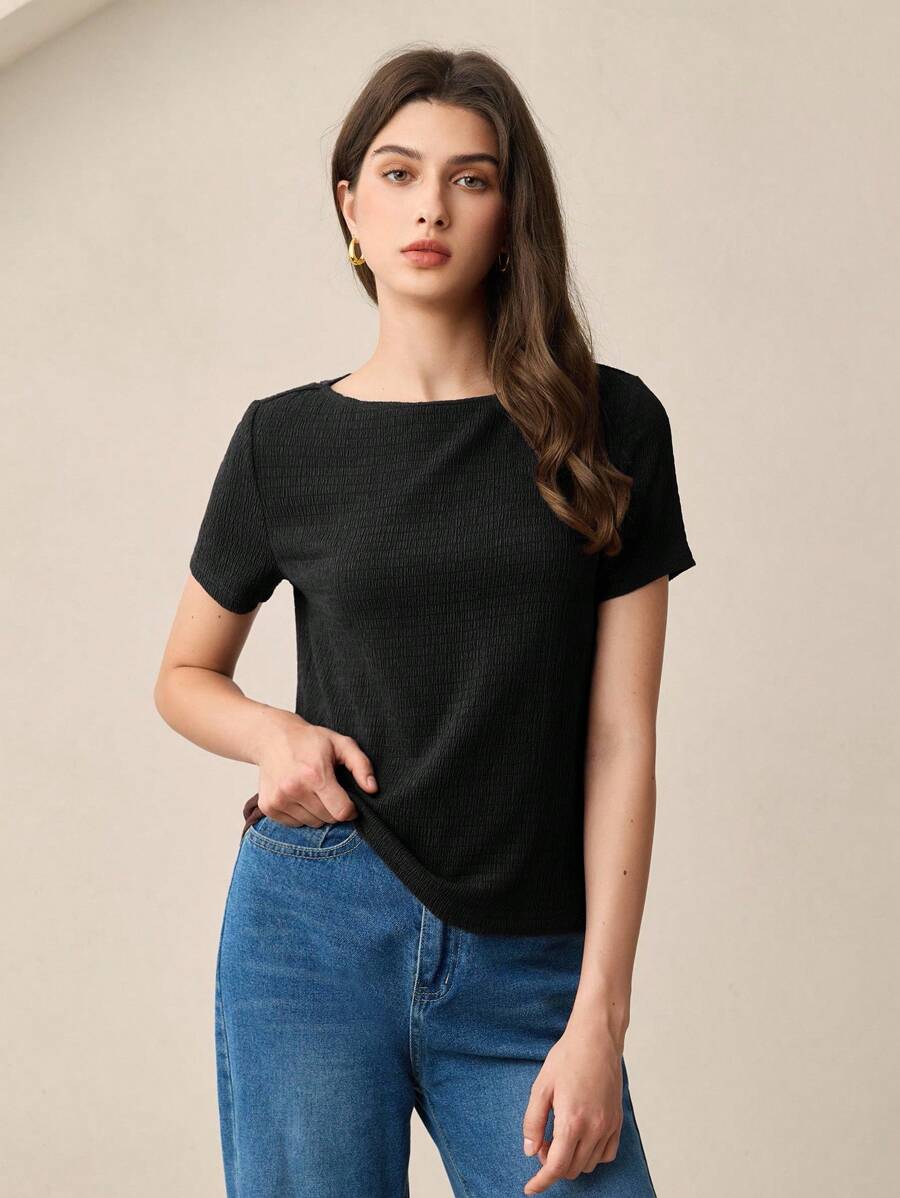 Autumn New Black Round Neck Short Sleeve Women's T-Shirt