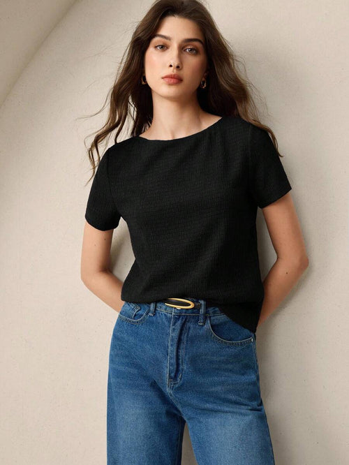 Autumn New Black Round Neck Short Sleeve Women's T-Shirt