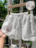 Comfortcana Women's Summer Casual Holiday Style White Woven Elastic Waist Embroidered Wide Leg Shorts