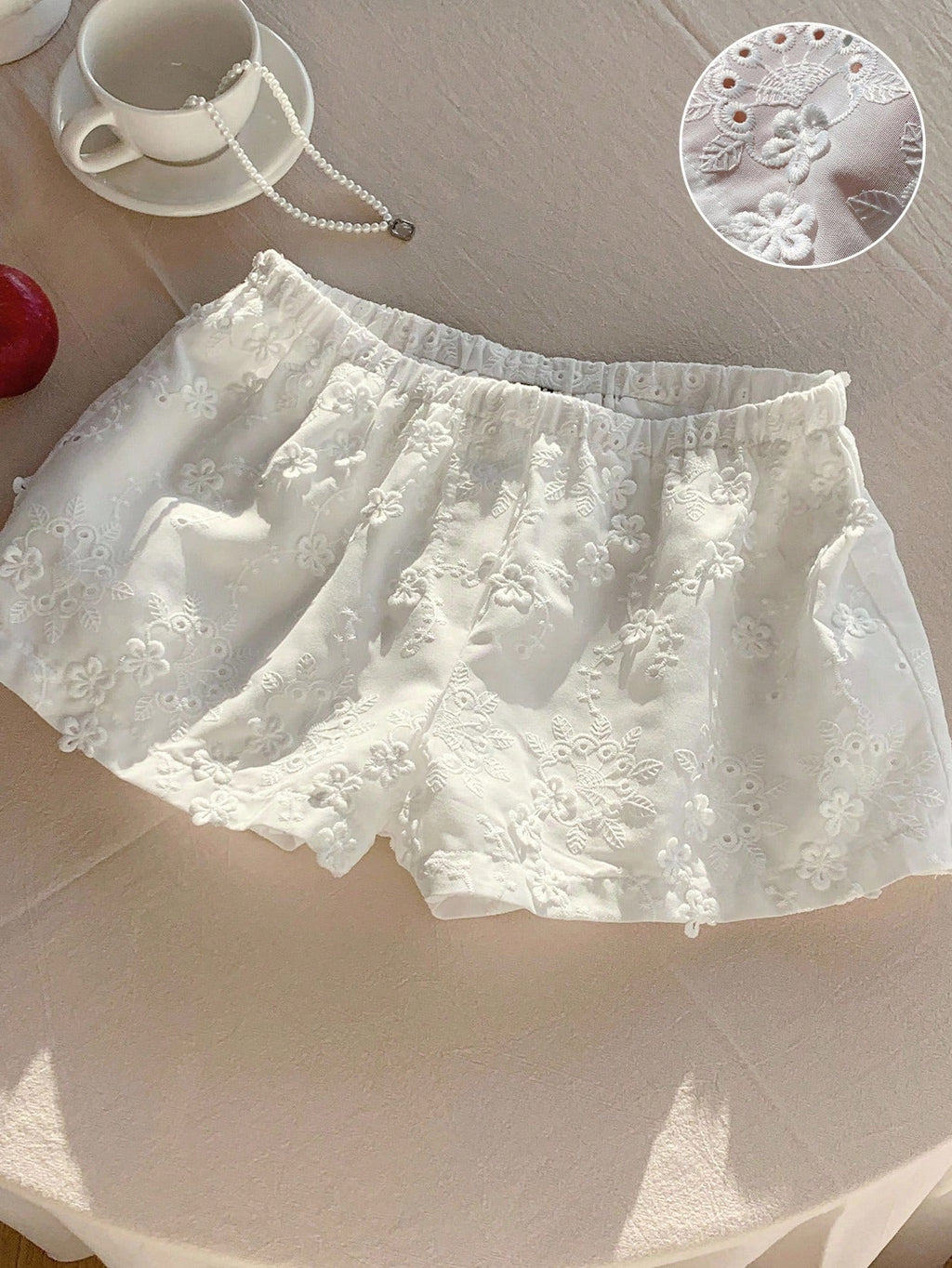 Comfortcana Women's Summer Casual Holiday Style White Woven Elastic Waist Embroidered Wide Leg Shorts