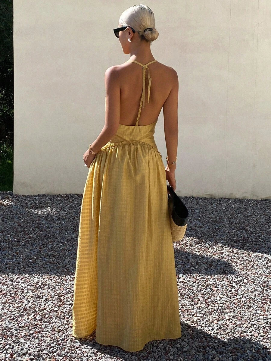 Women's Summer Cream Yellow V-Neck Backless Cinched Waist Dress