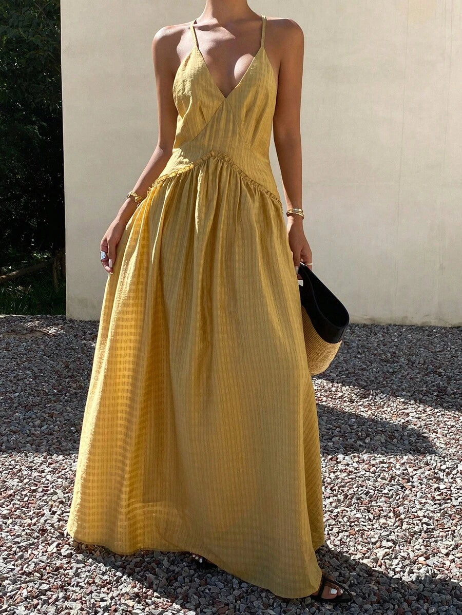 Women's Summer Cream Yellow V-Neck Backless Cinched Waist Dress
