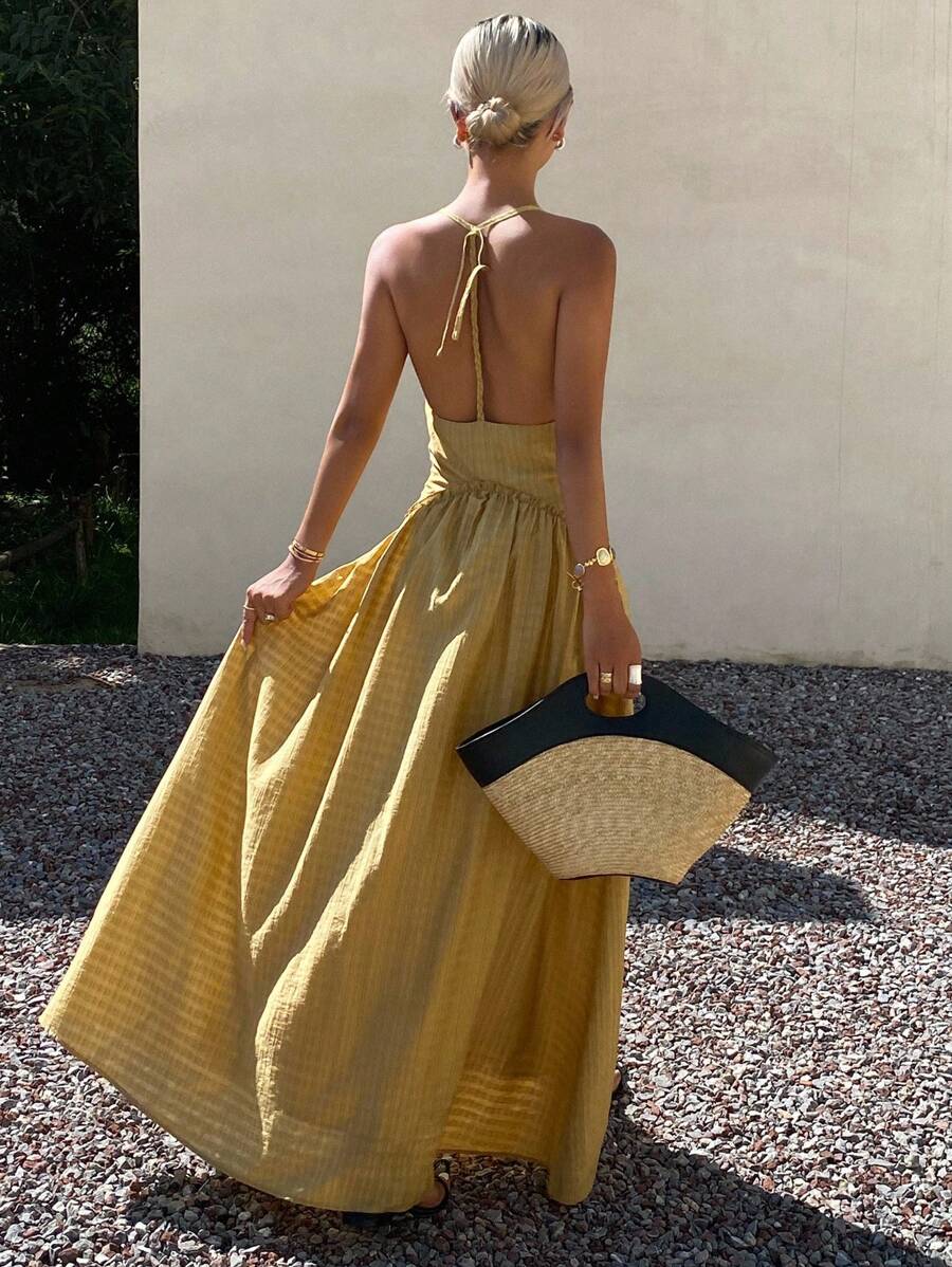 Women's Summer Cream Yellow V-Neck Backless Cinched Waist Dress