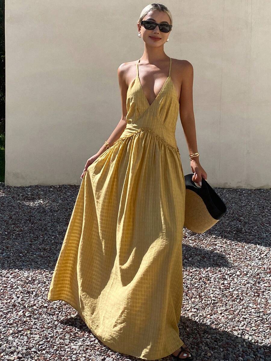 Women's Summer Cream Yellow V-Neck Backless Cinched Waist Dress