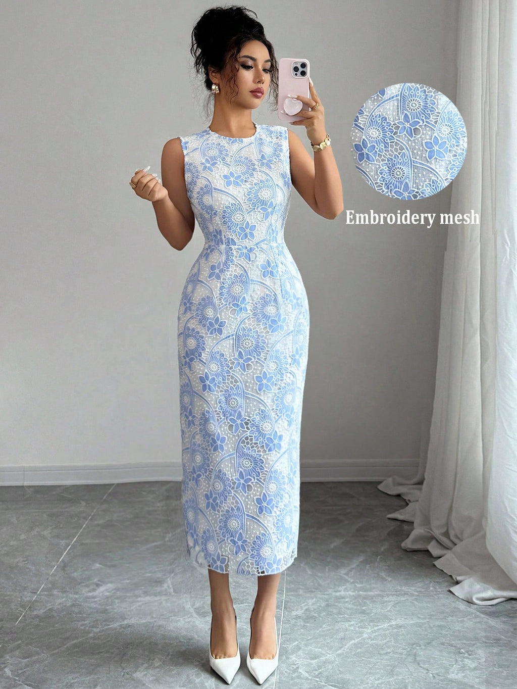 Elenzga Women's Elegant Floral Mesh Sleeveless Long Dress