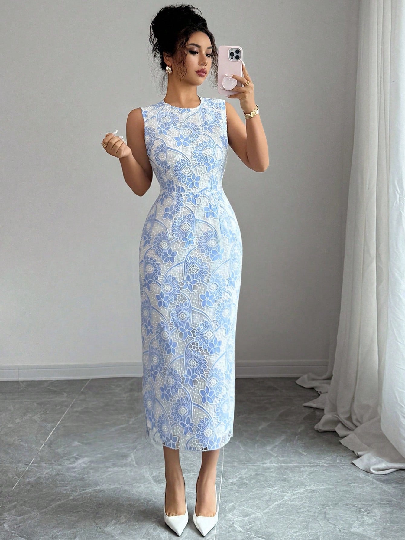 Elenzga Women's Elegant Floral Mesh Sleeveless Long Dress