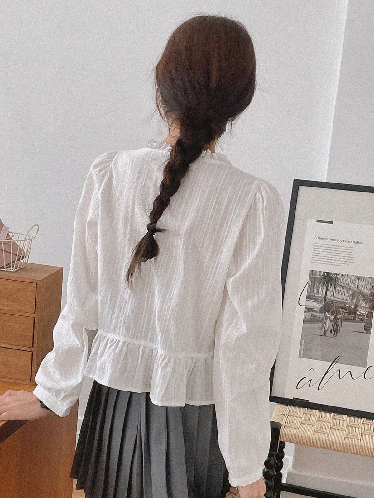 DAZY Floral Lace Patchwork V-Neck Ruffle Trim Long Sleeve Blouse