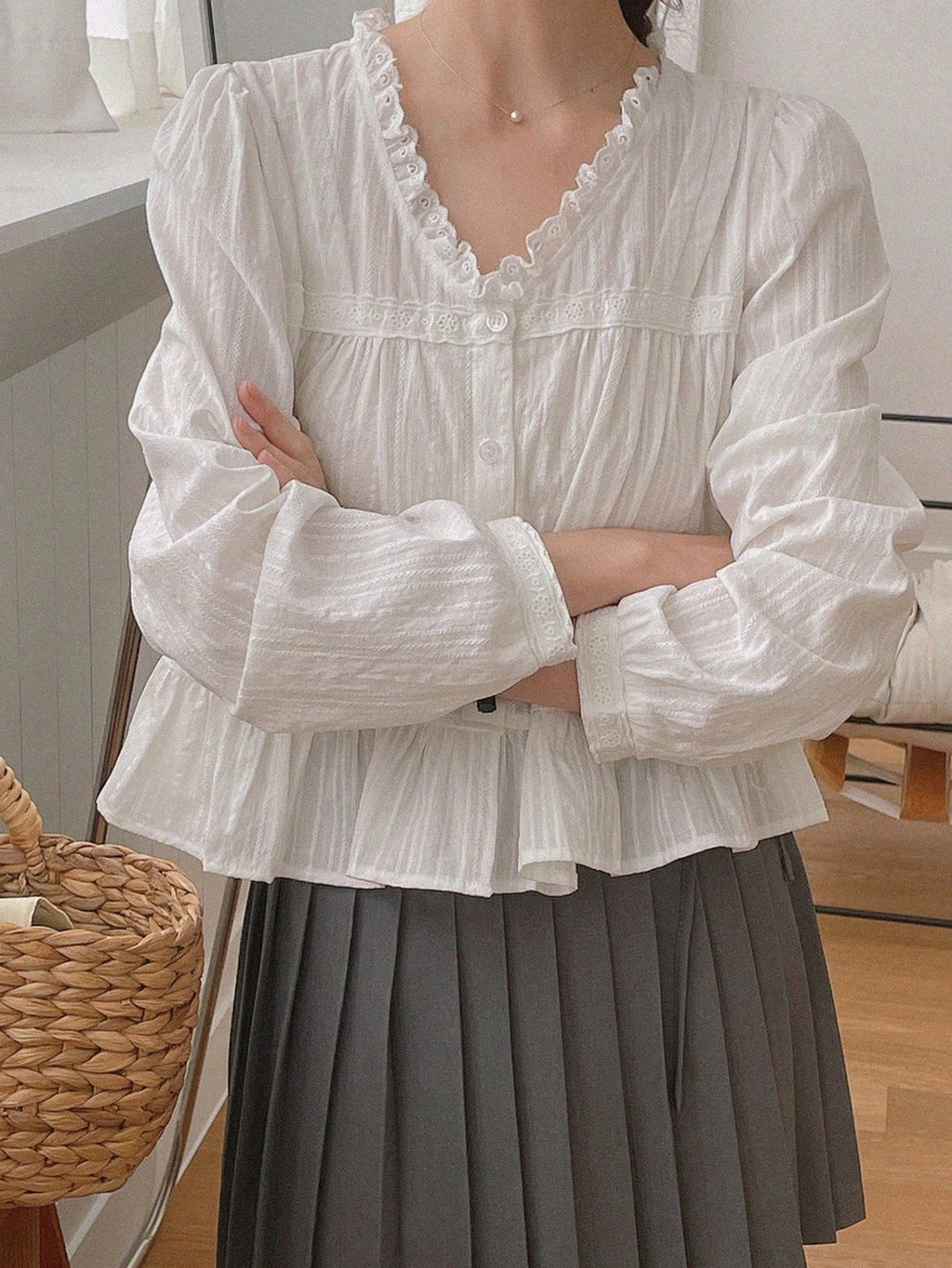 DAZY Floral Lace Patchwork V-Neck Ruffle Trim Long Sleeve Blouse