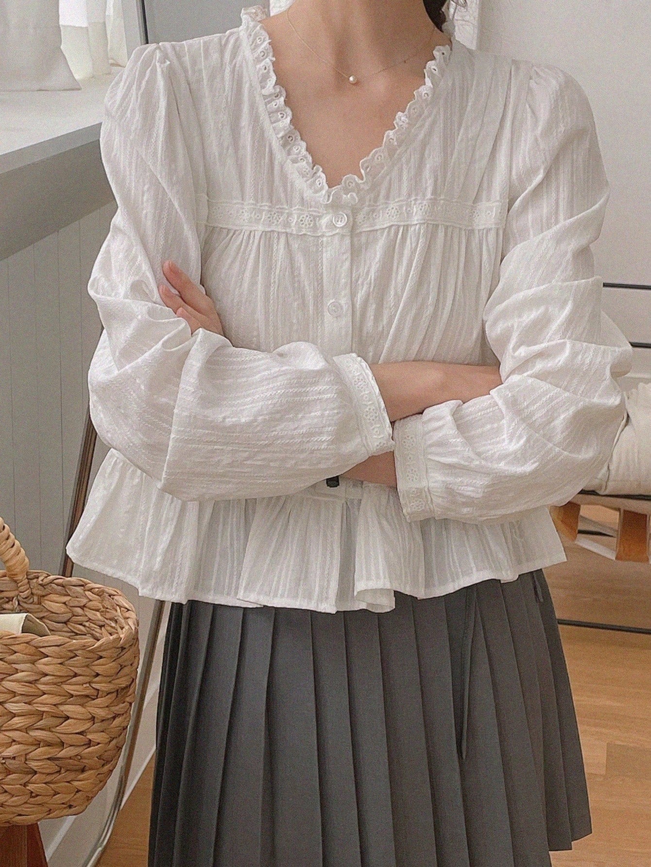 DAZY Floral Lace Patchwork V-Neck Ruffle Trim Long Sleeve Blouse