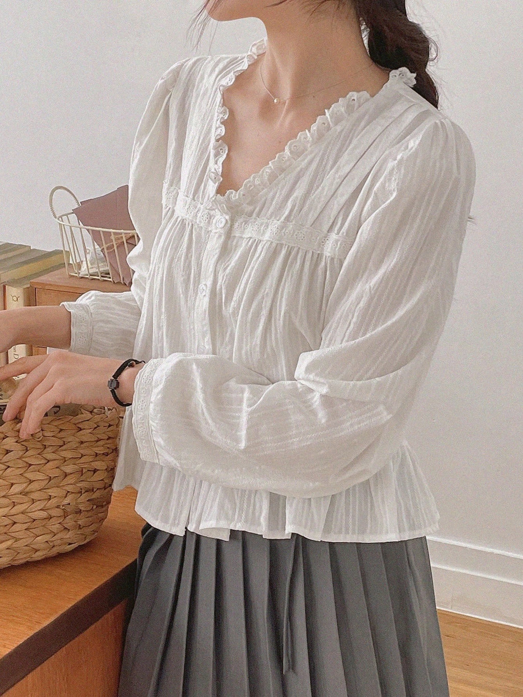 DAZY Floral Lace Patchwork V-Neck Ruffle Trim Long Sleeve Blouse