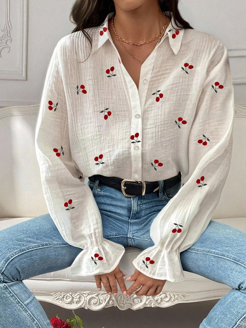 Women's Cherry print Long Sleeve Shirt