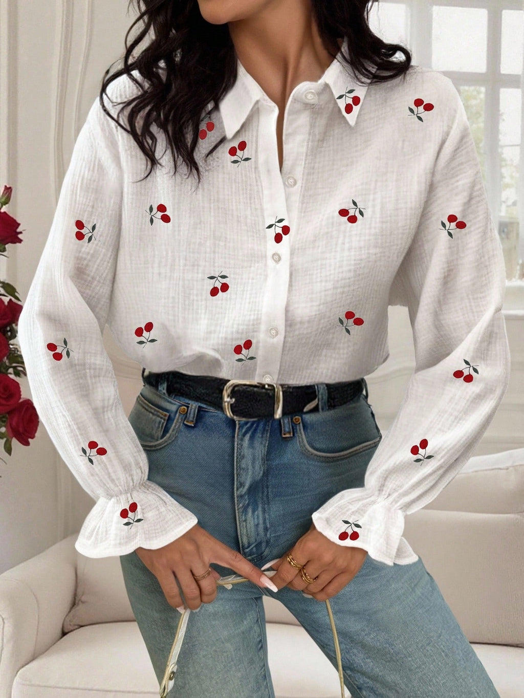 Women's Cherry print Long Sleeve Shirt